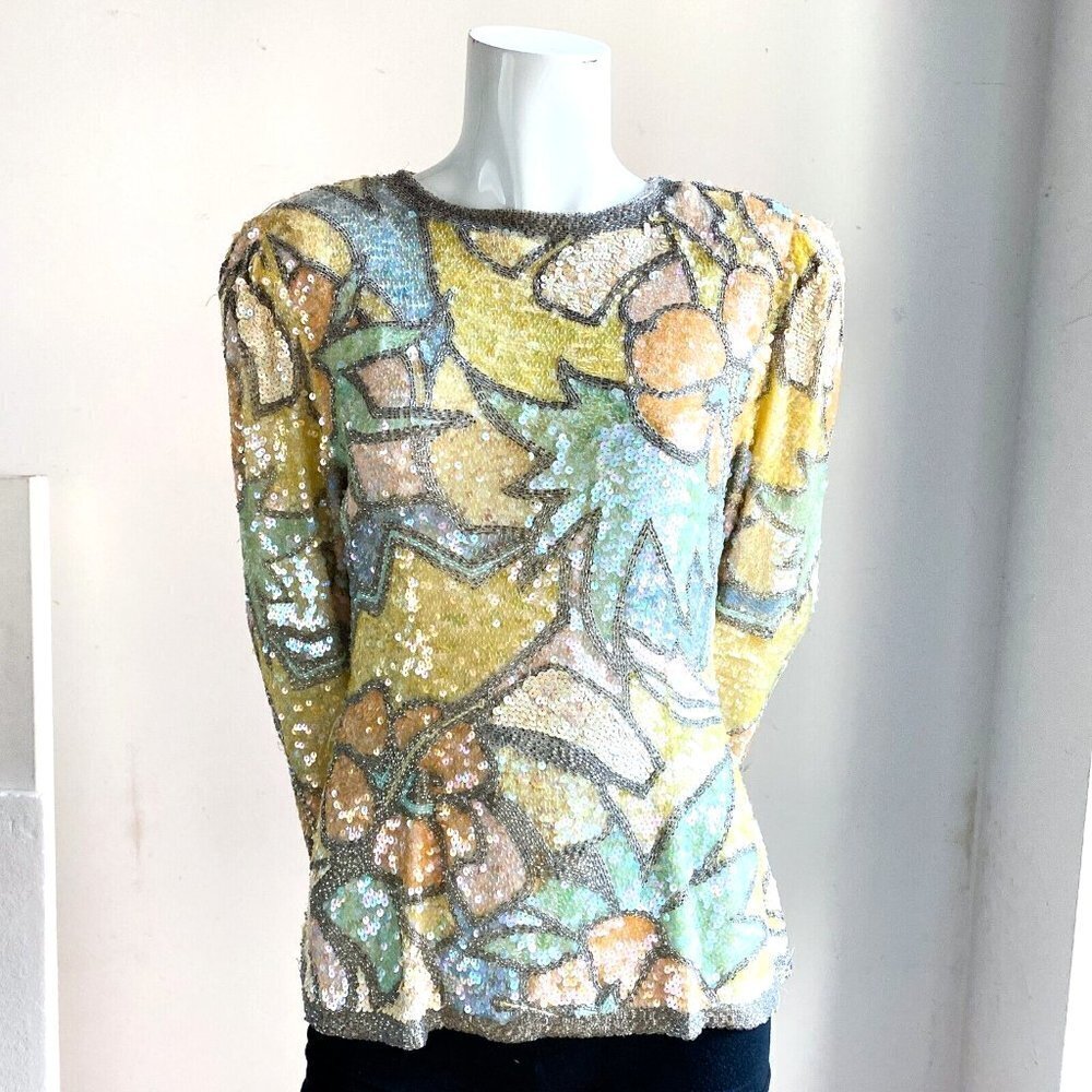 Vintage Oleg Cassini Black Tie PAstel Colours Fully Beaded Sequin Top S - Picture 8 of 10